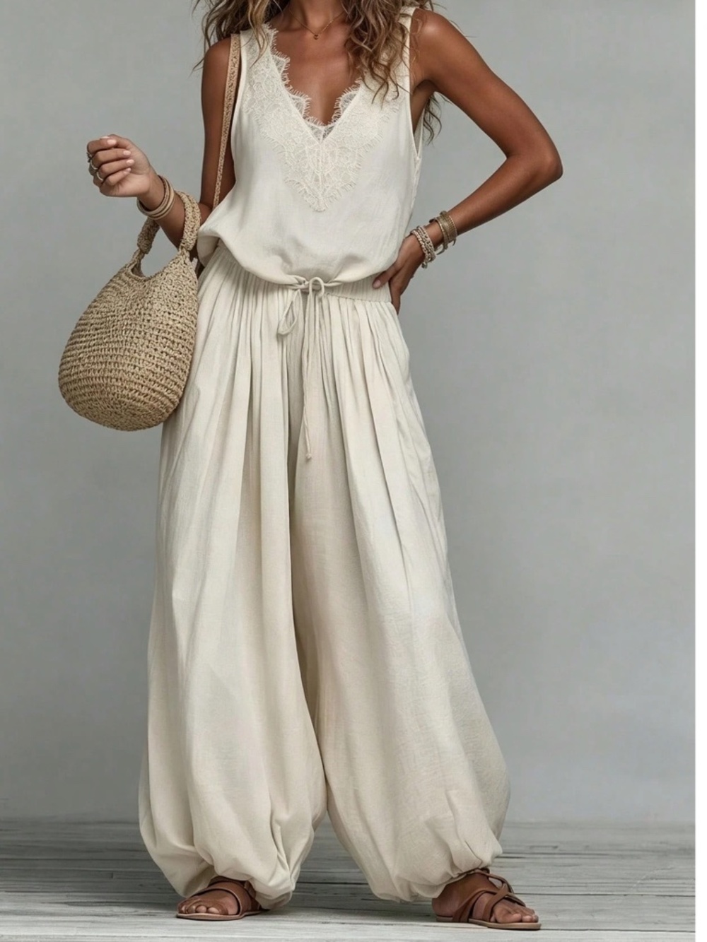 Boho Eyelash lace V neck Tank Top Wide Leg Pants Set